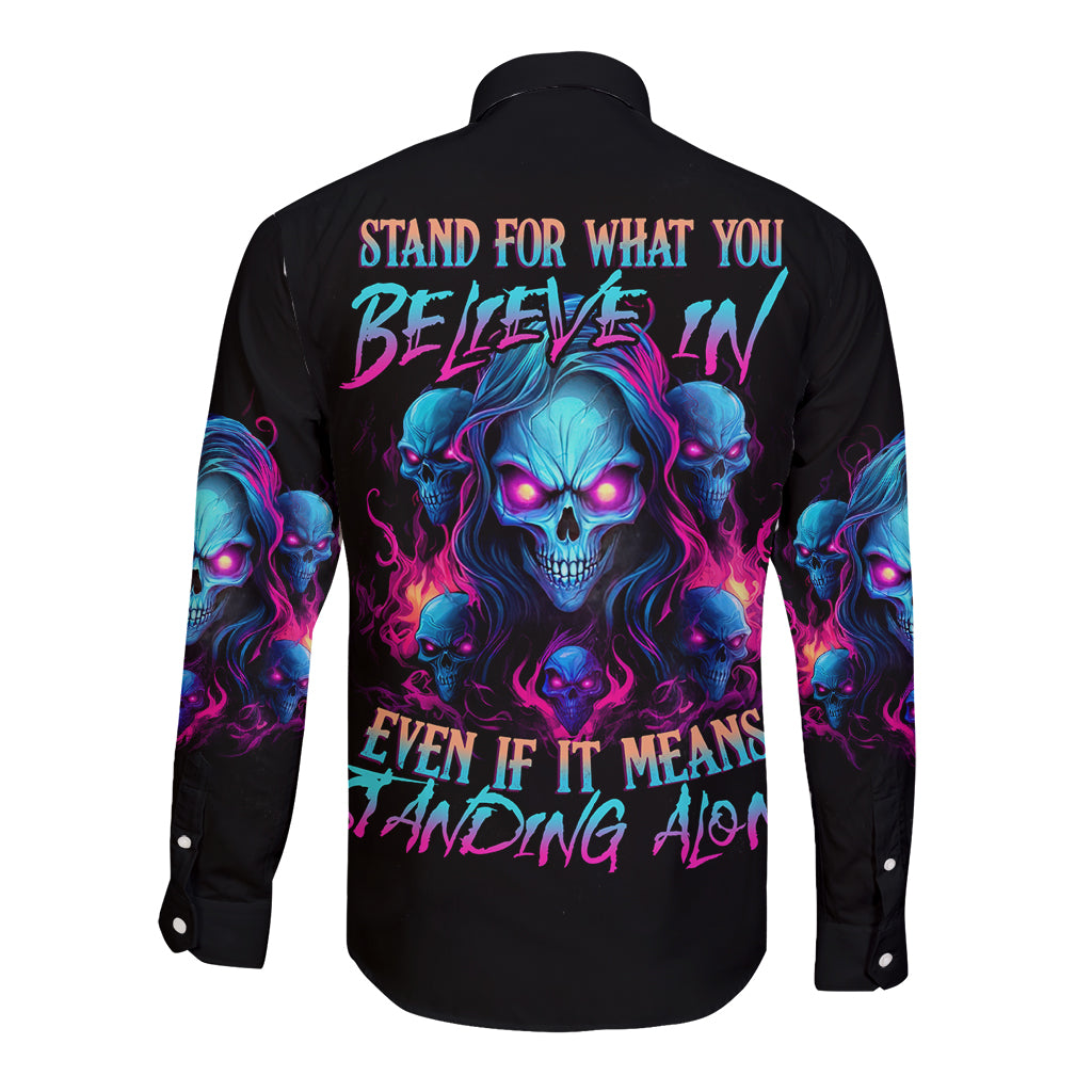 Lady Skull Long Sleeve Button Shirt Stand For What You Believe In Even If It Means Standing Alone - Wonder Print Shop