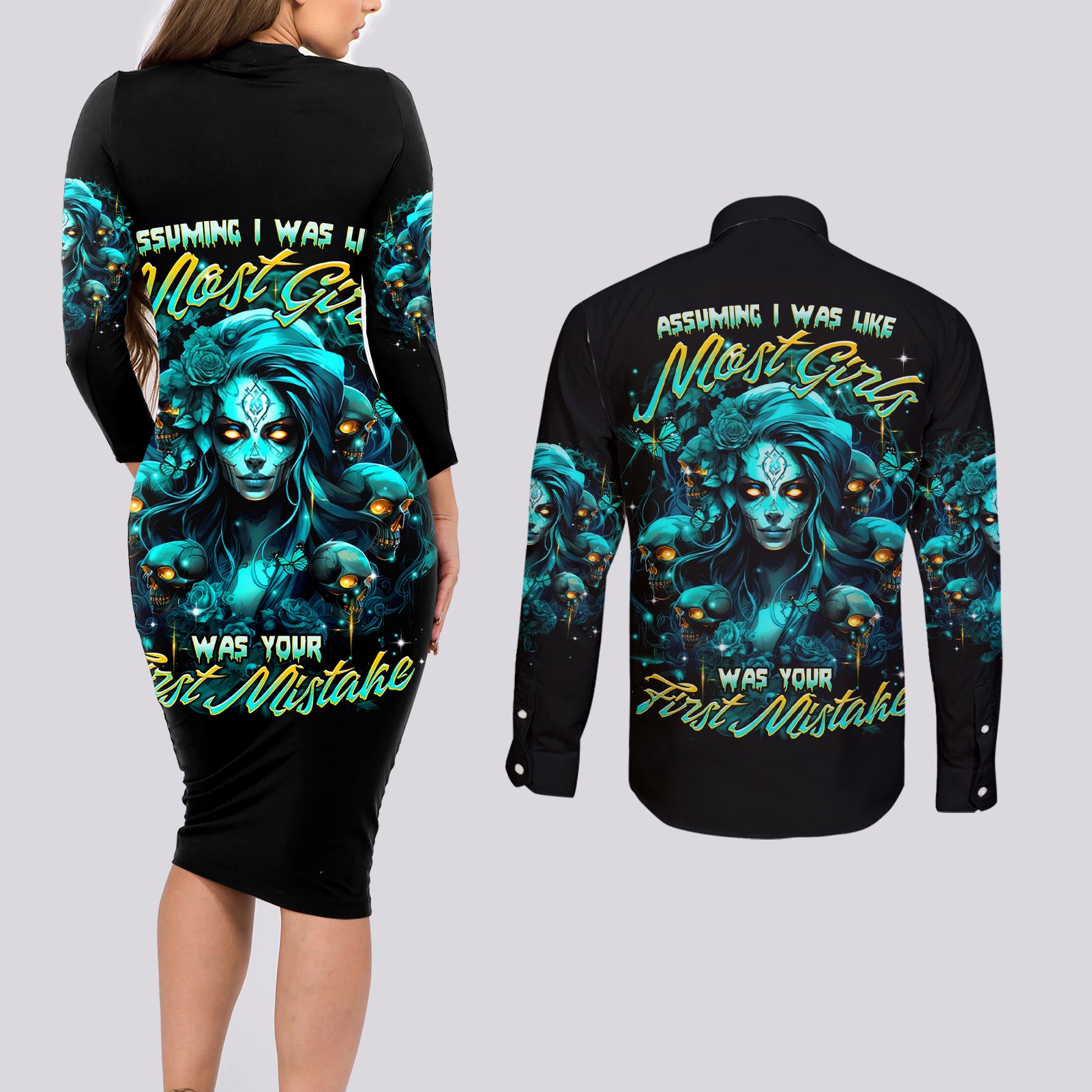 Lady Skull Couples Matching Long Sleeve Bodycon Dress and Long Sleeve Button Shirt Assuming I Was Like Most Girls Was Your First Mistake - Wonder Print Shop