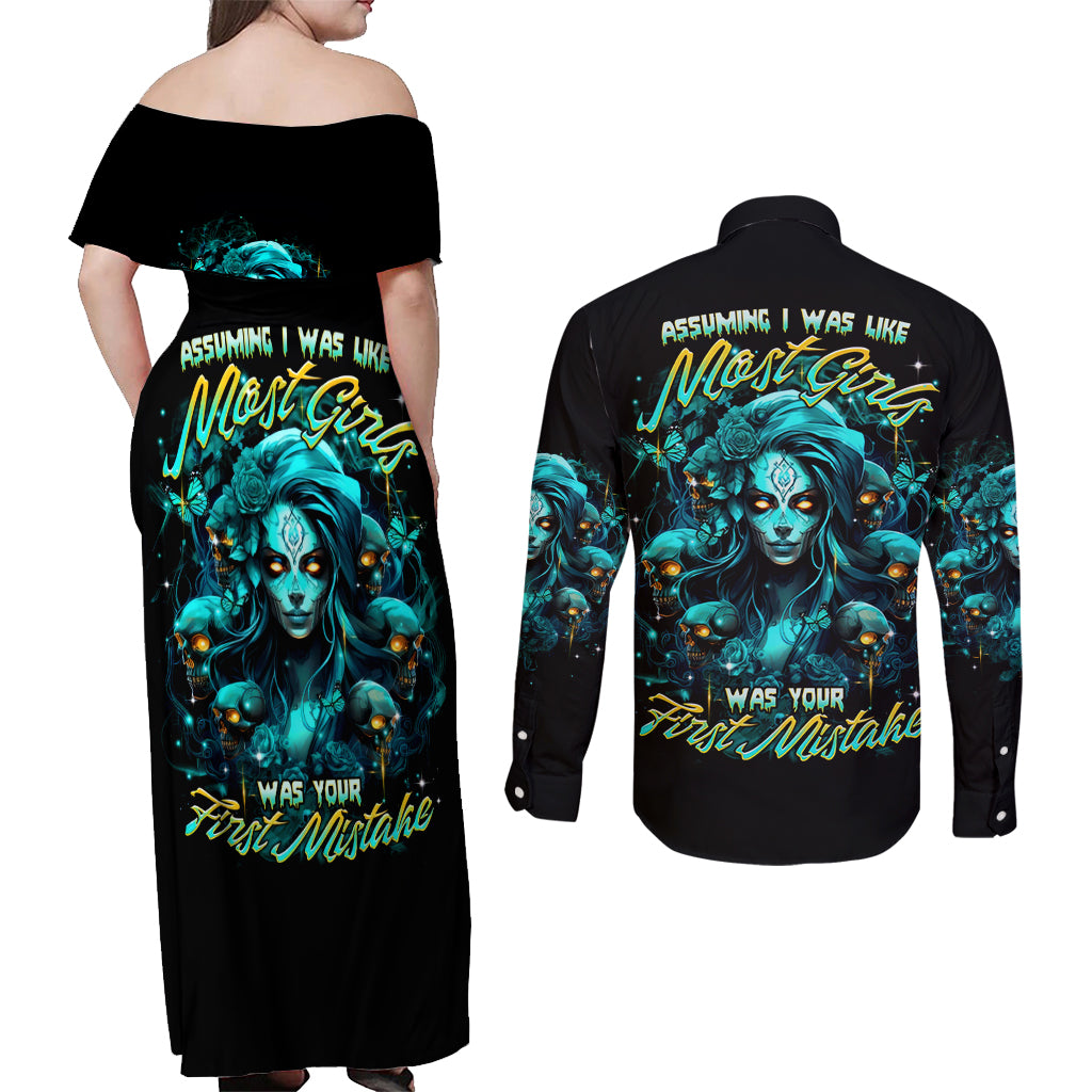 Lady Skull Couples Matching Off Shoulder Maxi Dress and Long Sleeve Button Shirt Assuming I Was Like Most Girls Was Your First Mistake - Wonder Print Shop