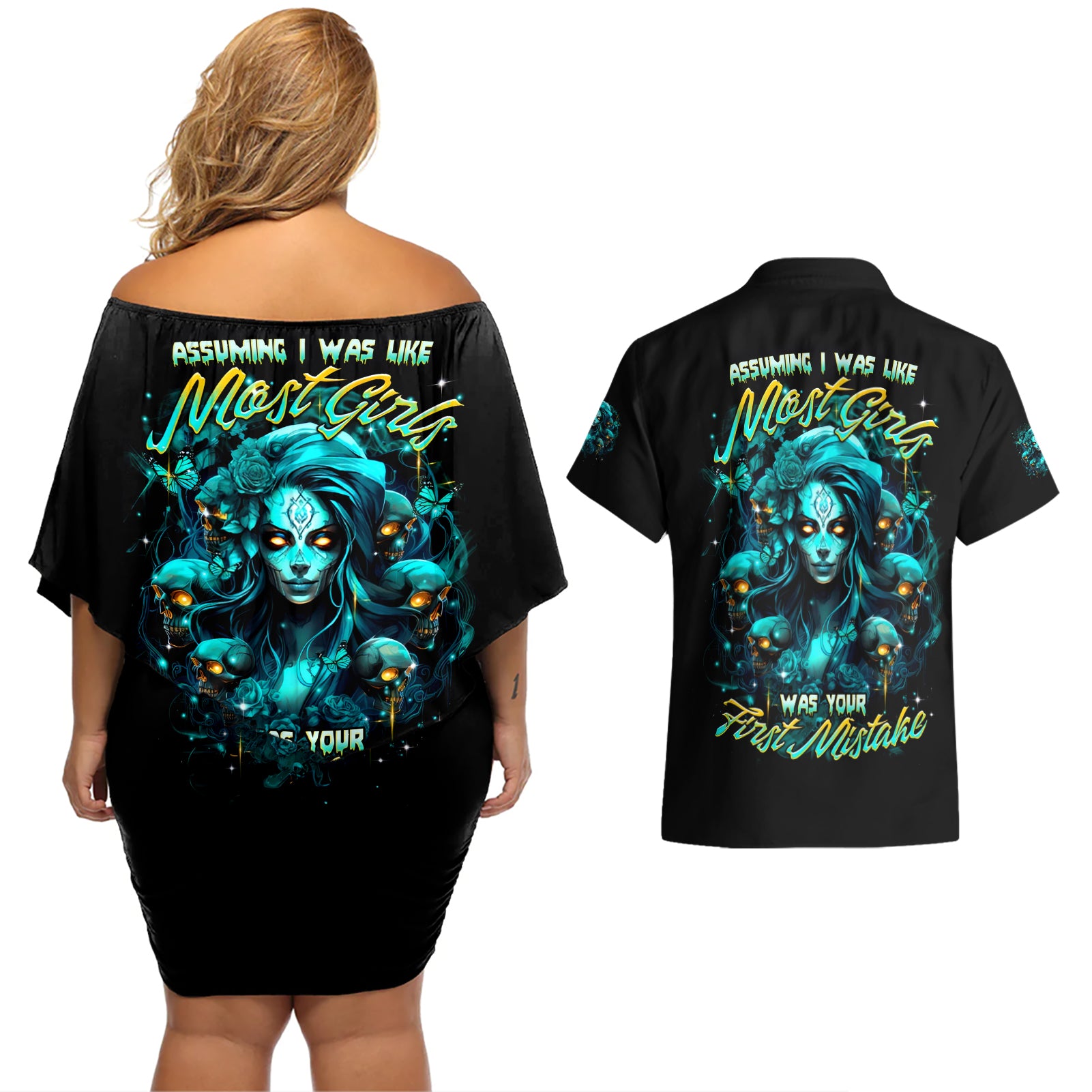 Lady Skull Couples Matching Off Shoulder Short Dress and Hawaiian Shirt Assuming I Was Like Most Girls Was Your First Mistake - Wonder Print Shop