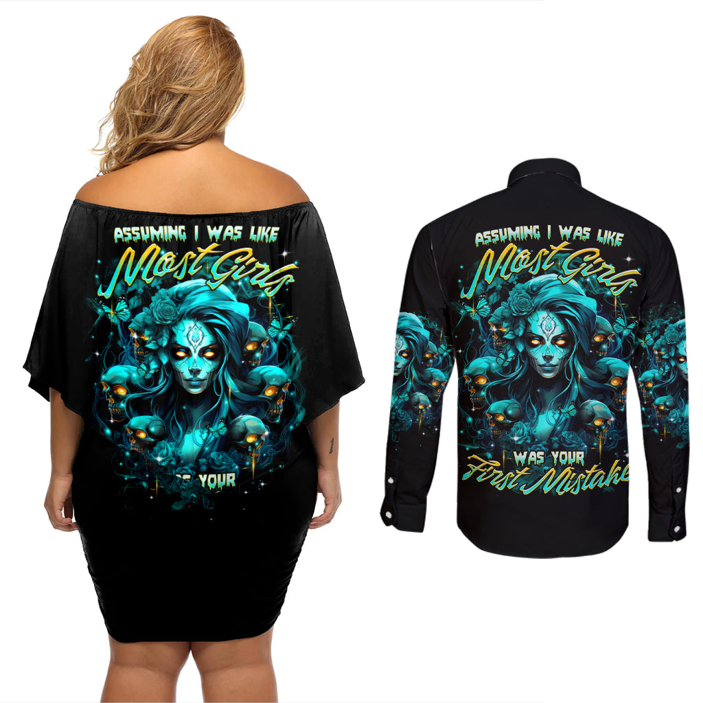 Lady Skull Couples Matching Off Shoulder Short Dress and Long Sleeve Button Shirt Assuming I Was Like Most Girls Was Your First Mistake - Wonder Print Shop