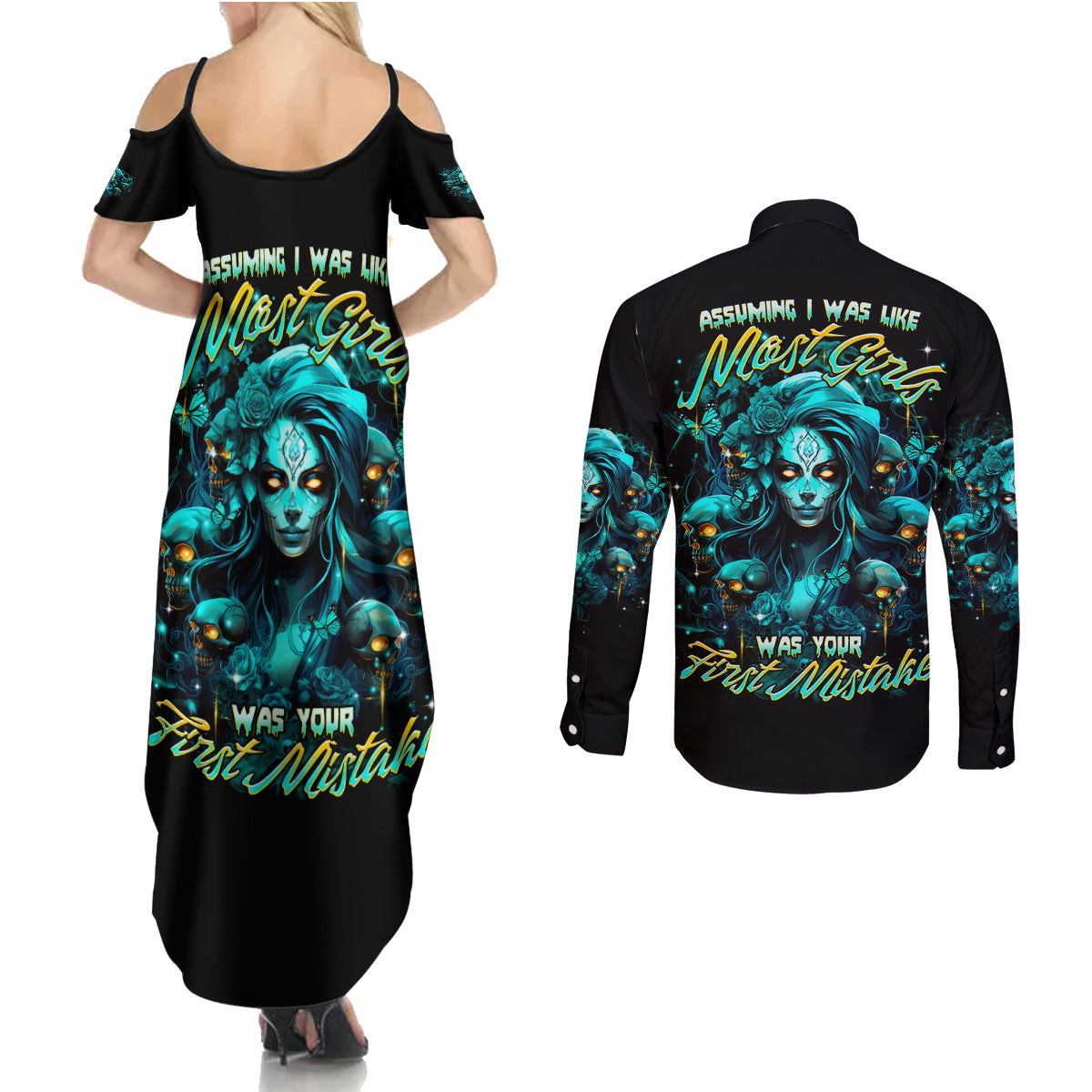 Lady Skull Couples Matching Summer Maxi Dress and Long Sleeve Button Shirt Assuming I Was Like Most Girls Was Your First Mistake - Wonder Print Shop