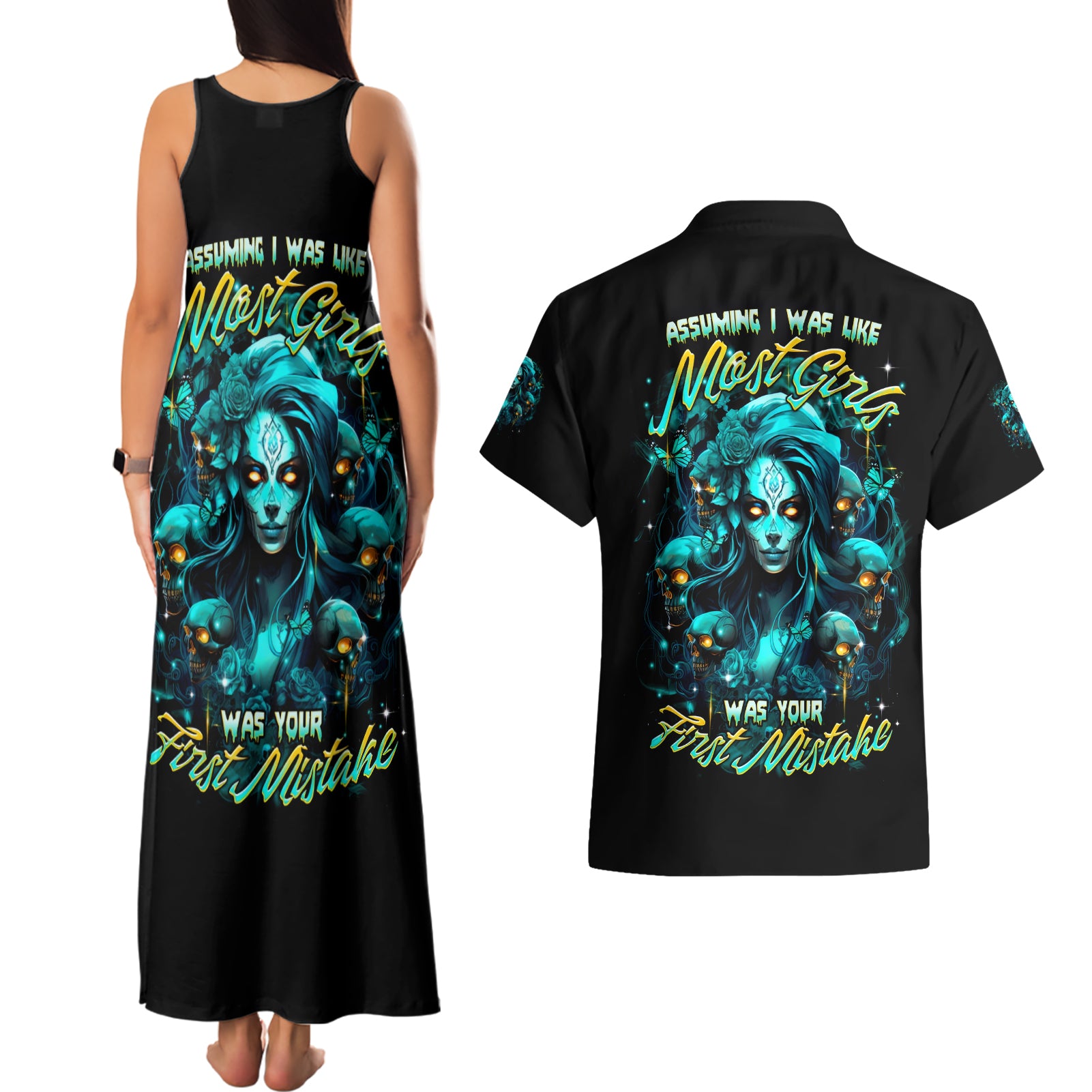 Lady Skull Couples Matching Tank Maxi Dress and Hawaiian Shirt Assuming I Was Like Most Girls Was Your First Mistake - Wonder Print Shop