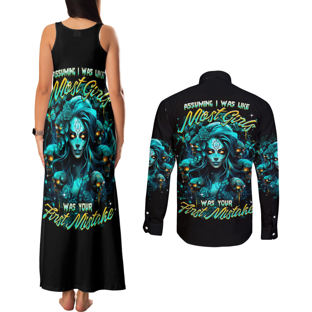 Lady Skull Couples Matching Tank Maxi Dress and Long Sleeve Button Shirt Assuming I Was Like Most Girls Was Your First Mistake - Wonder Print Shop