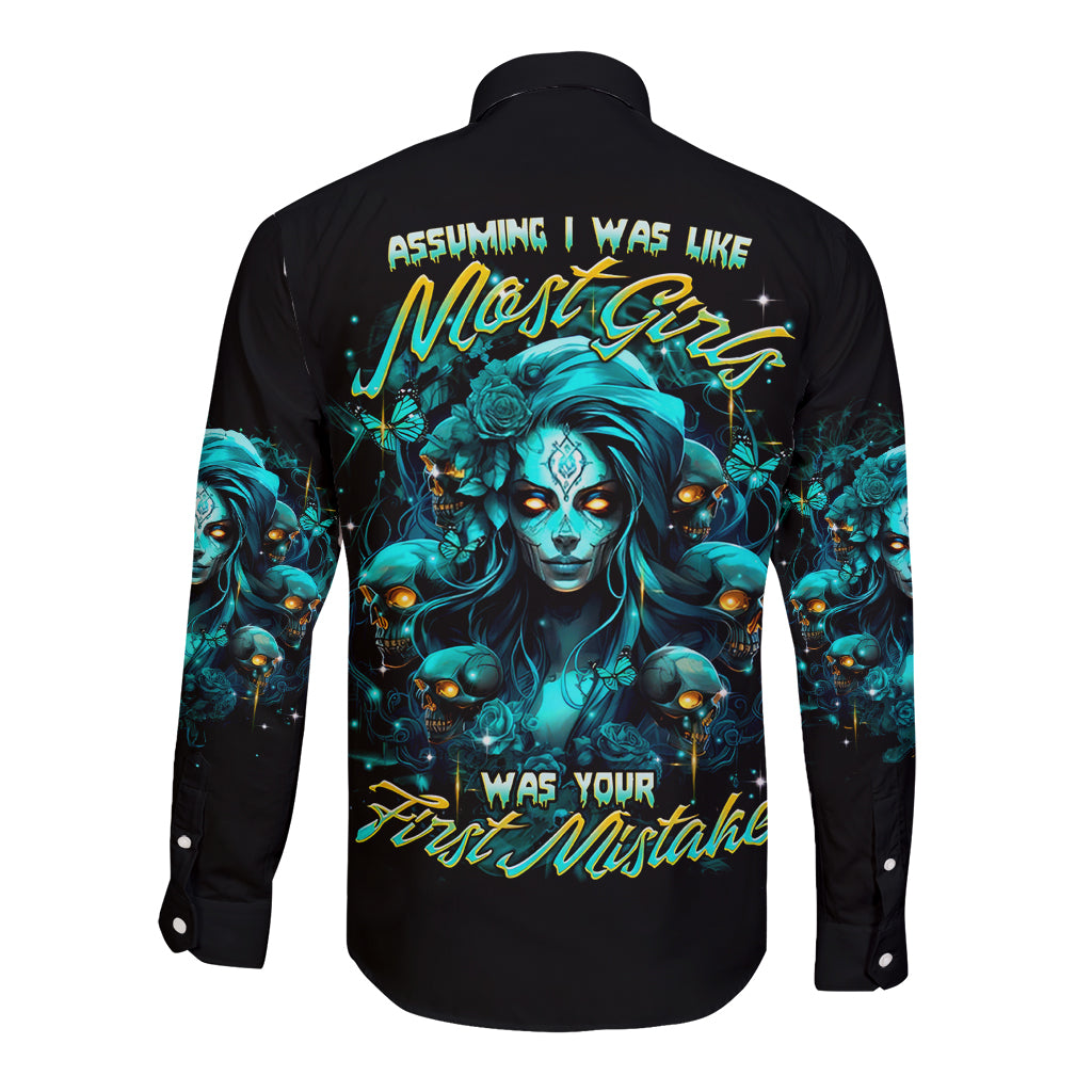 Lady Skull Long Sleeve Button Shirt Assuming I Was Like Most Girls Was Your First Mistake - Wonder Print Shop