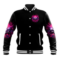 Black varsity baseball jacket with button front, chest skull-rose print