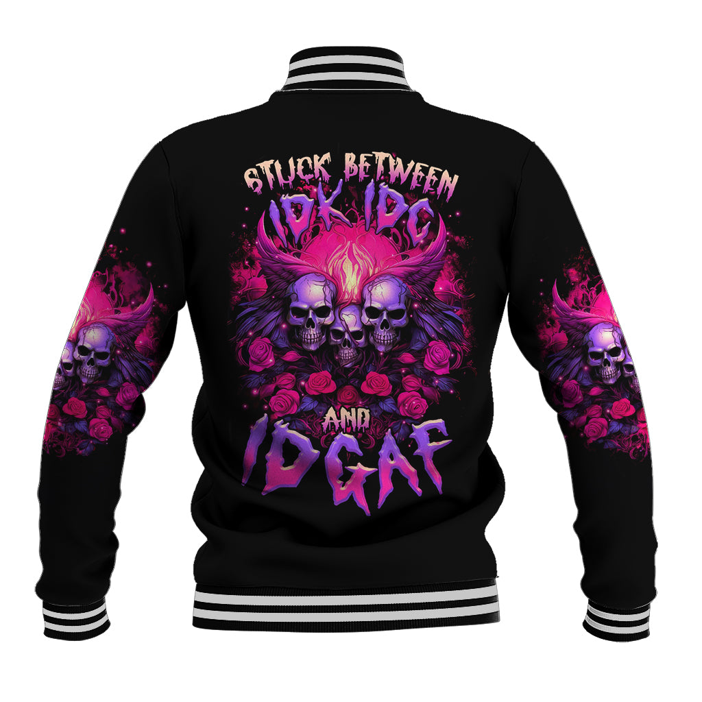 Black baseball jacket with striped collar and back skull-rose graphic