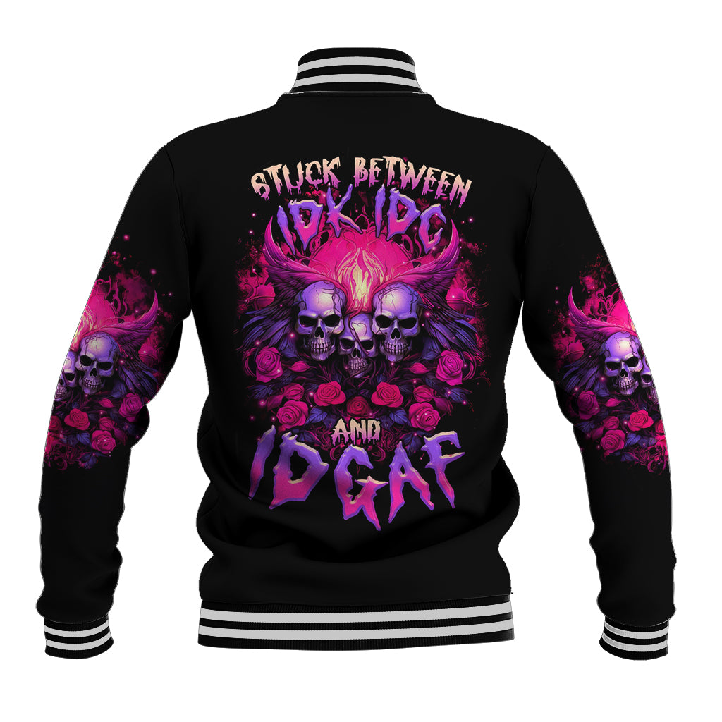 Rose Skull Baseball Jacket Stuck Between IDK IDC And IDGAF - Wonder Print Shop