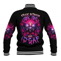 Black baseball jacket with striped collar and back skull-rose graphic