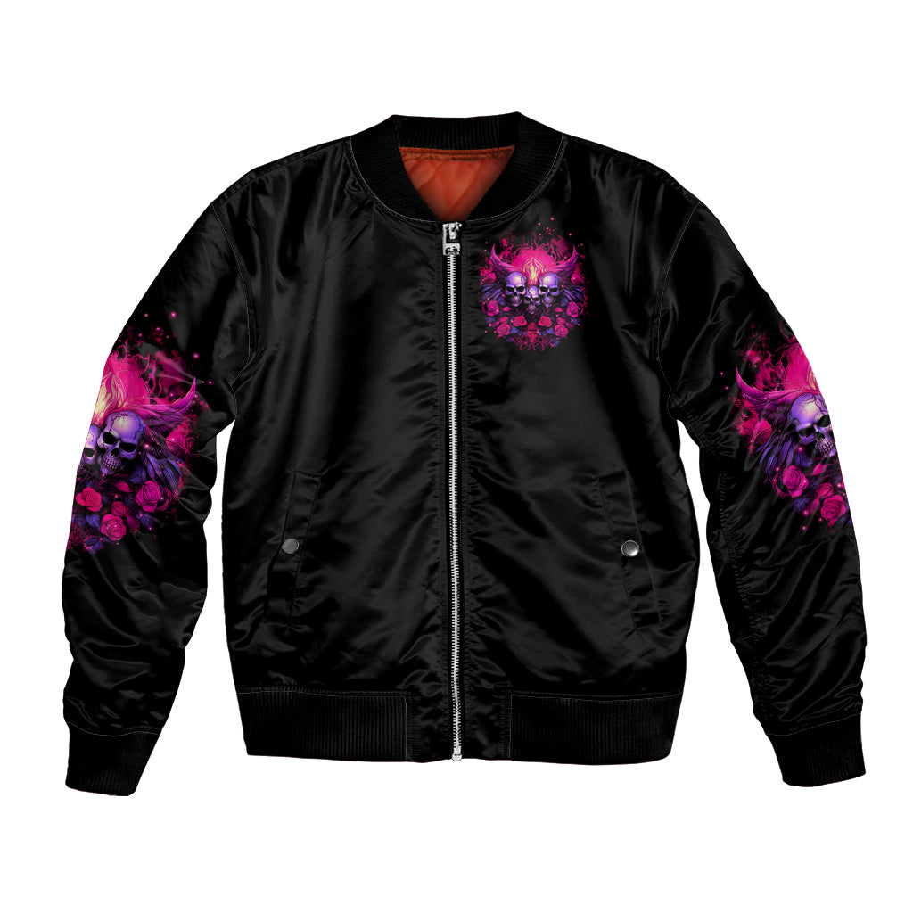 Black unisex bomber jacket with front zip and purple skull rose graphic