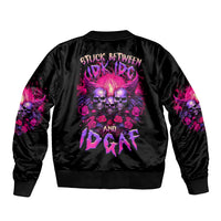 Black unisex bomber jacket with back skull, roses, and purple graphic print