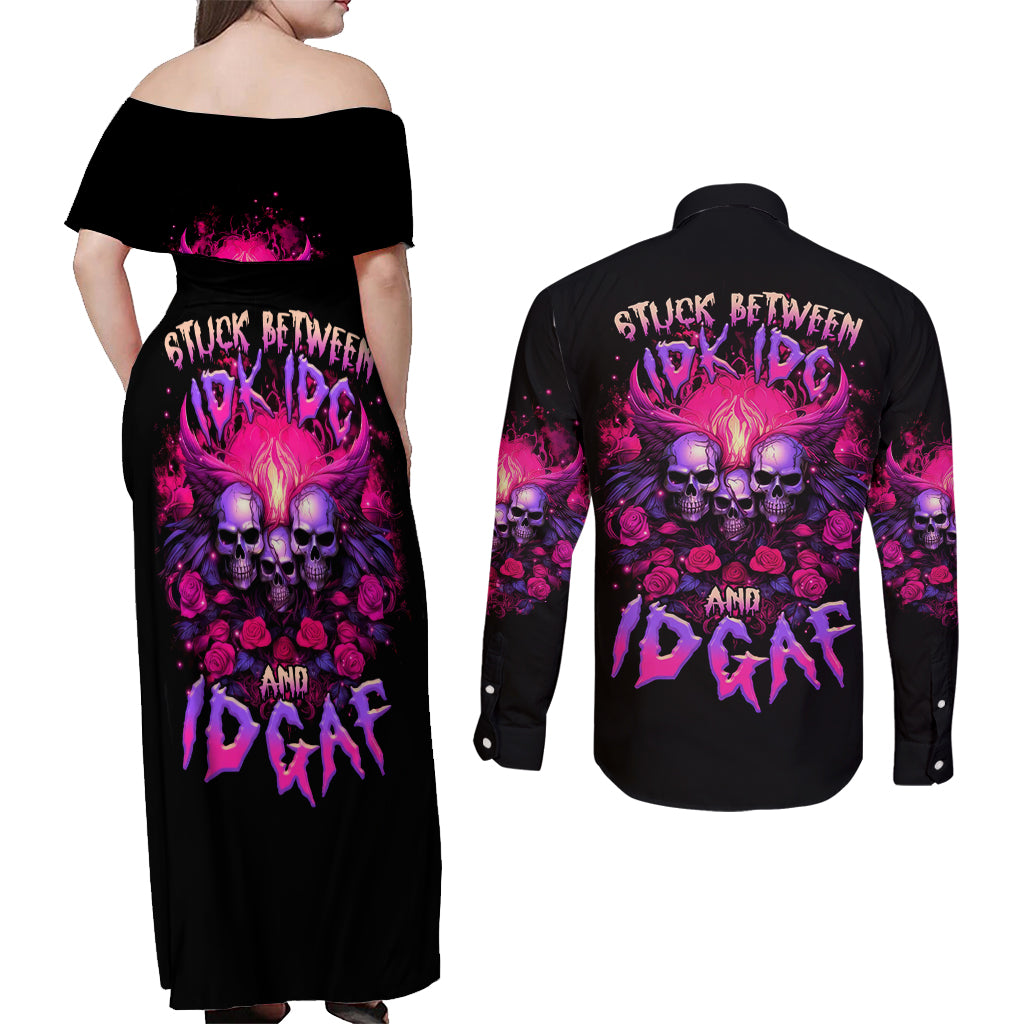 Rose Skull Couples Matching Off Shoulder Maxi Dress and Long Sleeve Button Shirt Stuck Between IDK IDC And IDGAF - Wonder Print Shop