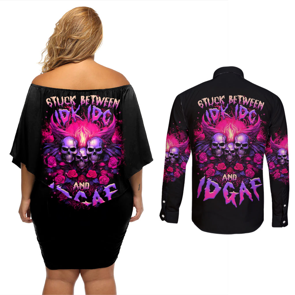 Rose Skull Couples Matching Off Shoulder Short Dress and Long Sleeve Button Shirt Stuck Between IDK IDC And IDGAF - Wonder Print Shop