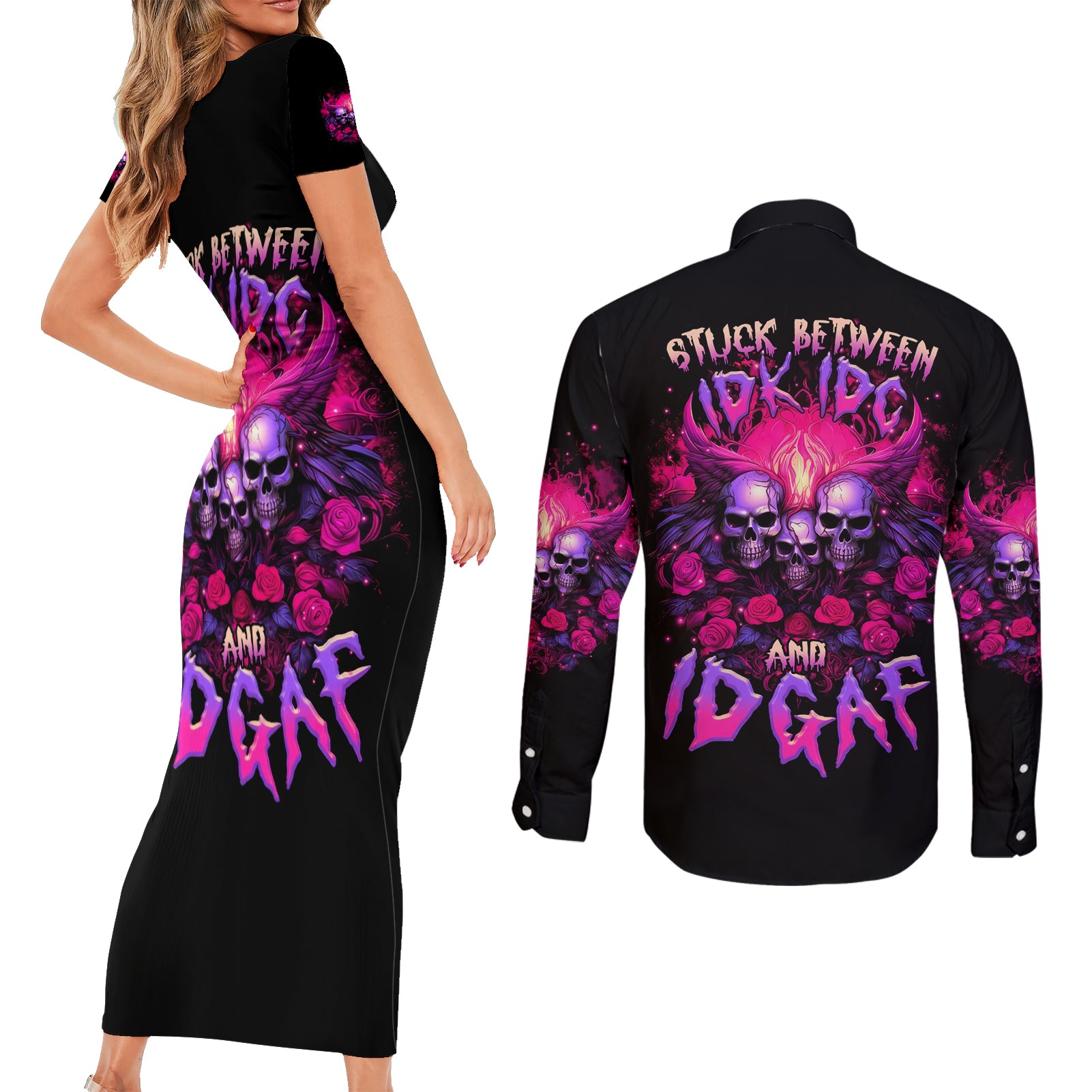 Rose Skull Couples Matching Short Sleeve Bodycon Dress and Long Sleeve Button Shirt Stuck Between IDK IDC And IDGAF - Wonder Print Shop