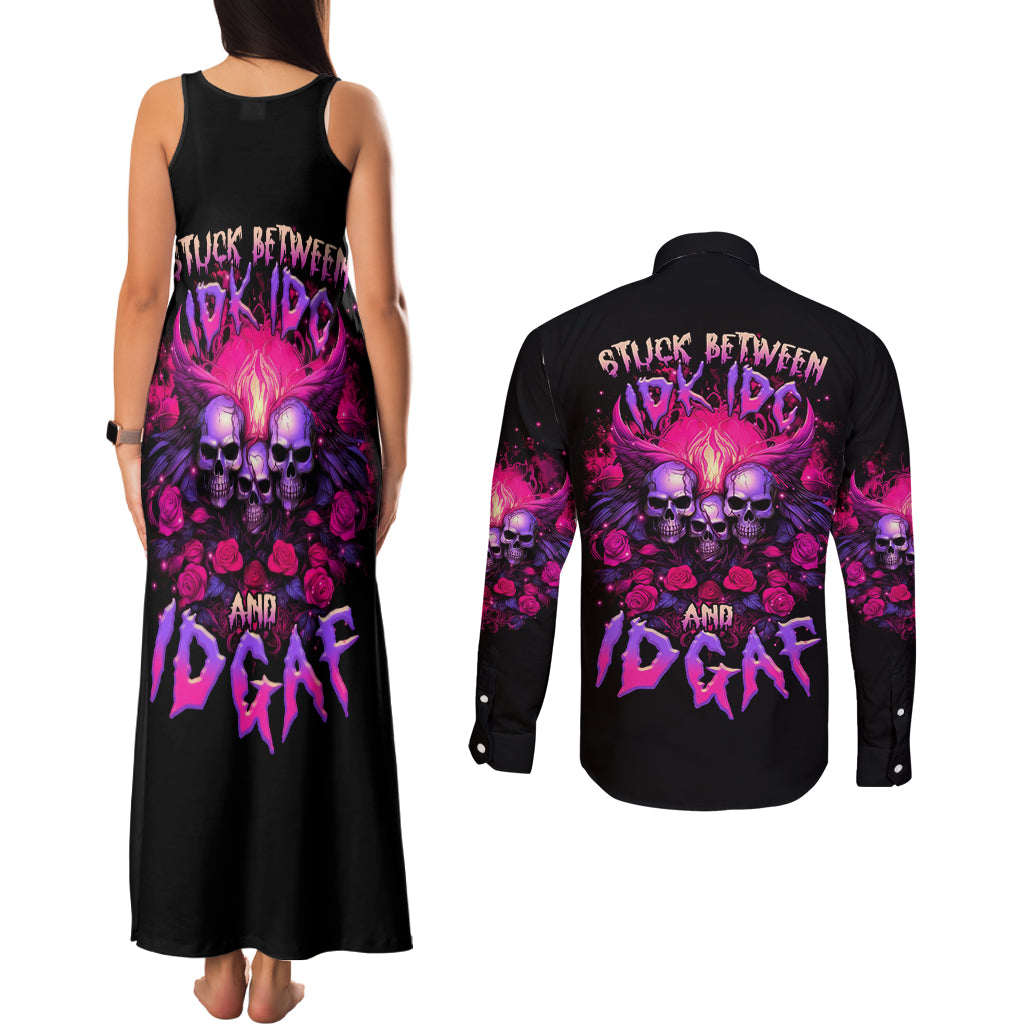 Rose Skull Couples Matching Tank Maxi Dress and Long Sleeve Button Shirt Stuck Between IDK IDC And IDGAF - Wonder Print Shop