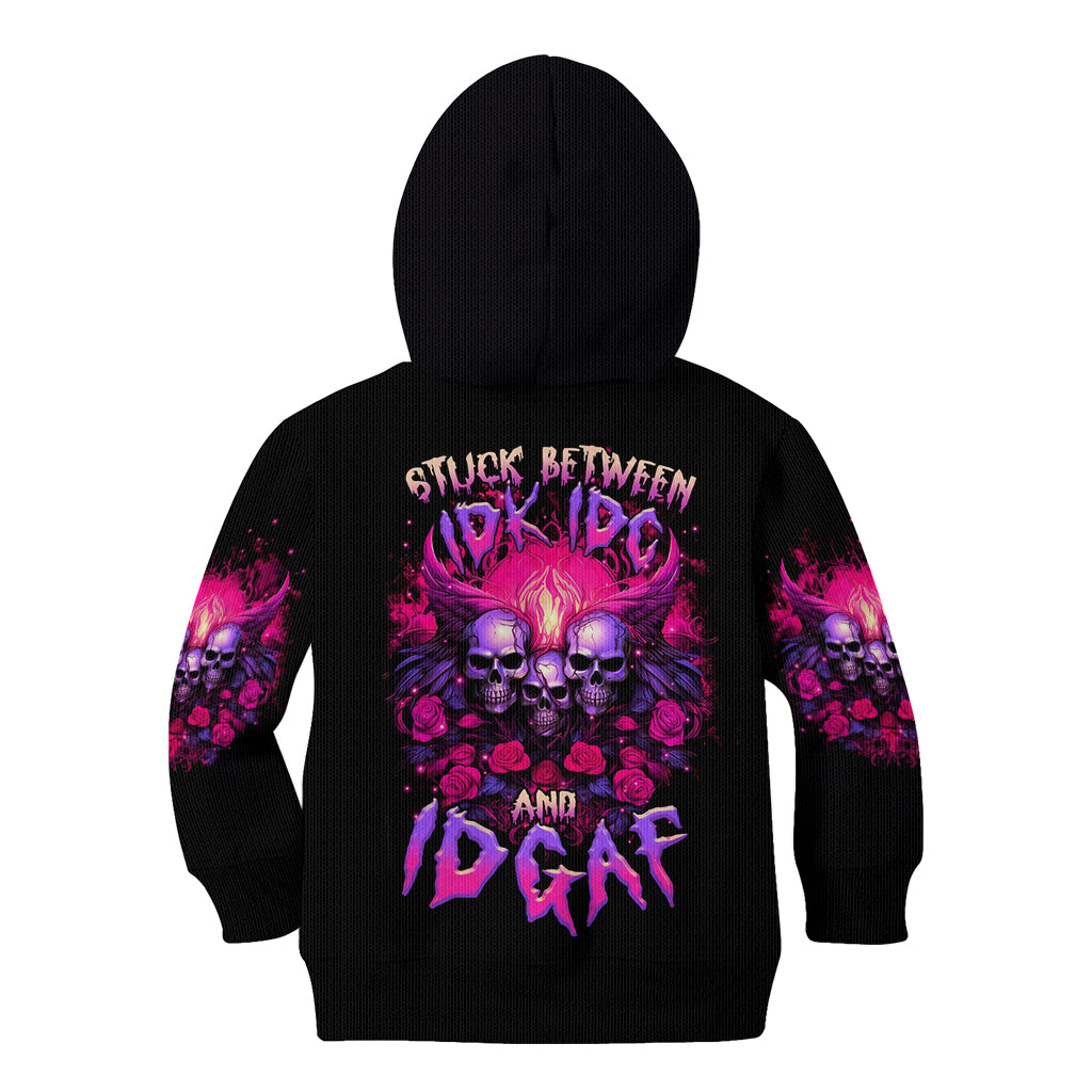 Rose Skull Kid Hoodie Stuck Between IDK IDC And IDGAF - Wonder Print Shop