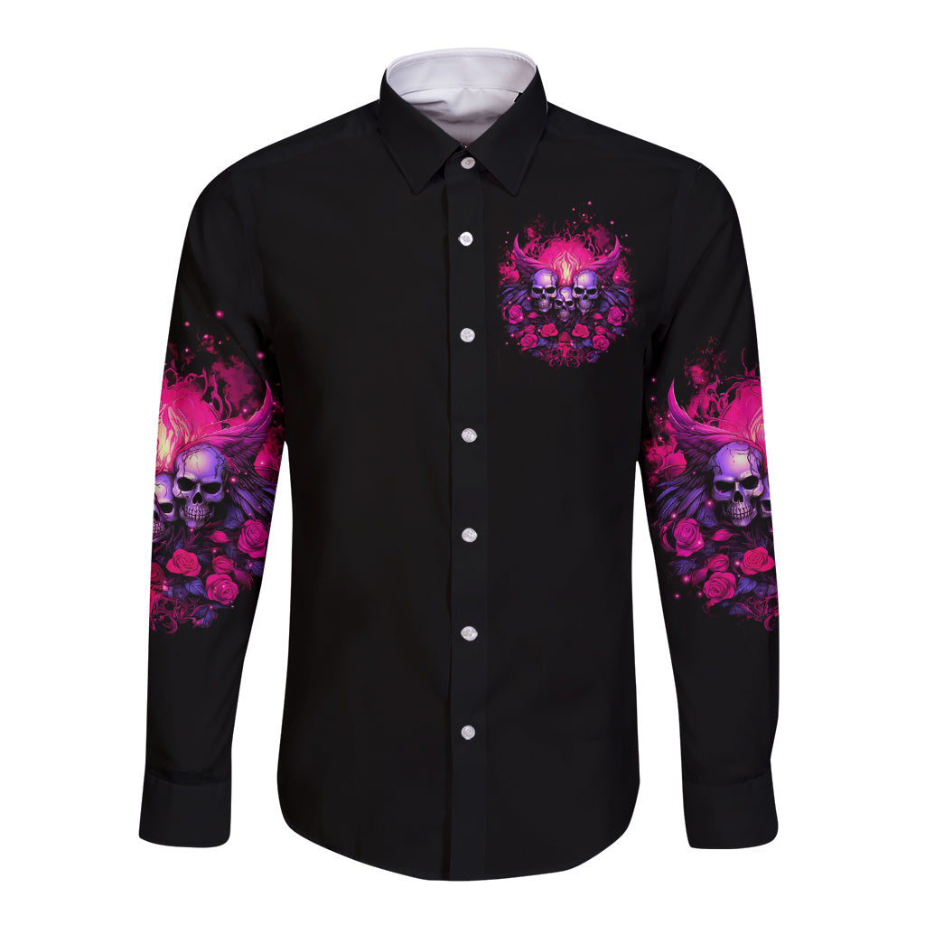 Black long sleeve button-up shirt with skull rose chest graphic and sleeve accents