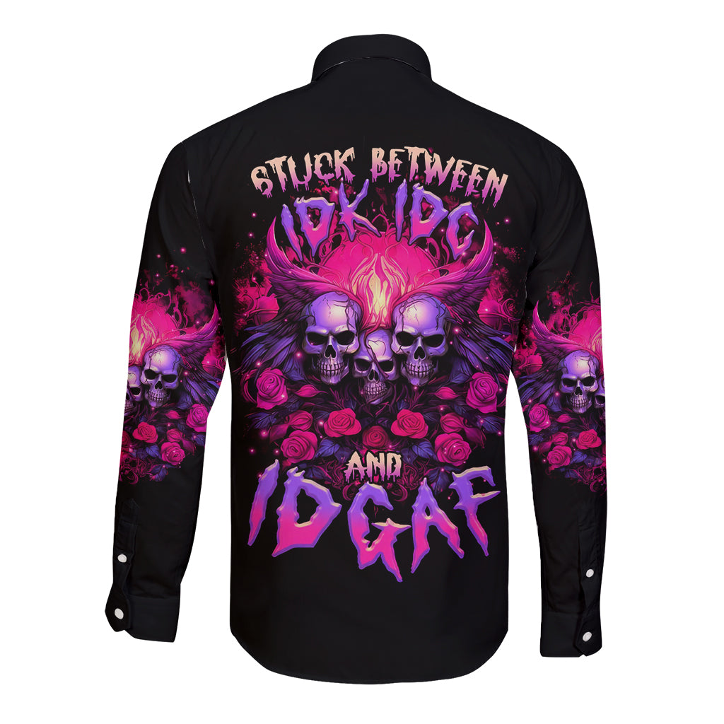 Rose Skull Long Sleeve Button Shirt Stuck Between IDK IDC And IDGAF - Wonder Print Shop