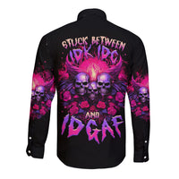 Black long sleeve button-up shirt with skull and rose graphic on back