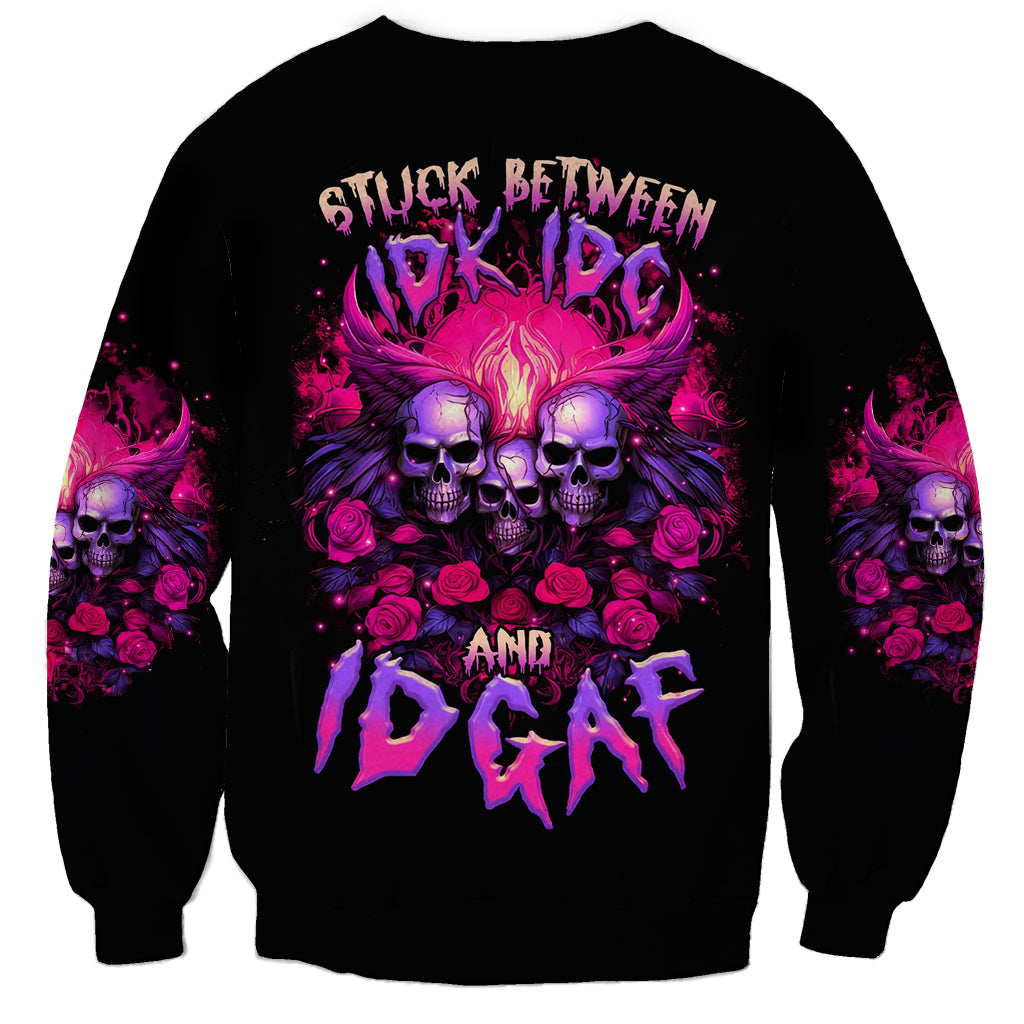 Black unisex sweatshirt with large purple skull and rose graphic lettering on front