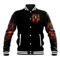 Black varsity baseball jacket with button front and orange flame skull graphic, striped rib cuffs