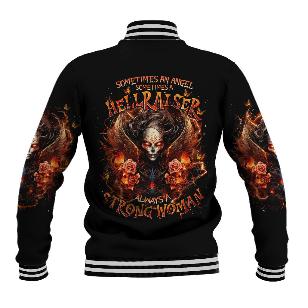 Black baseball jacket with orange flame skull graphic, roses on sleeves, striped rib knit hem