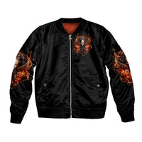 Unisex black bomber jacket with front zipper and angel skull flame rose graphics, ribbed hem