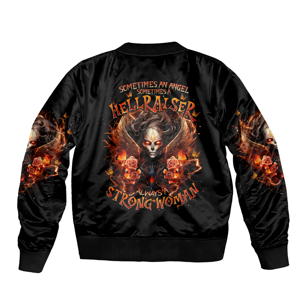 Unisex black bomber jacket with back angel skull and flame rose graphic, ribbed cuffs