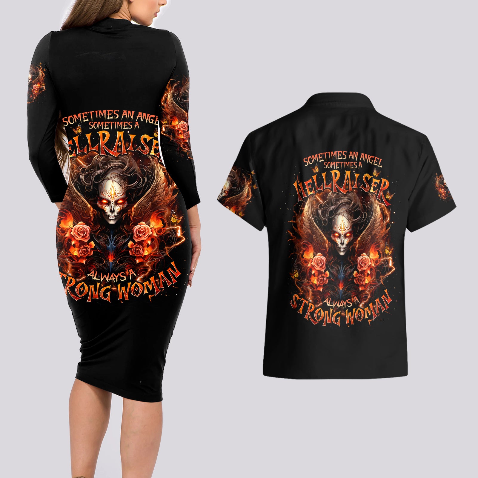 Angel Skull Couples Matching Long Sleeve Bodycon Dress and Hawaiian Shirt Sometimes An Angel Sometimes A Hellrasier - Wonder Print Shop