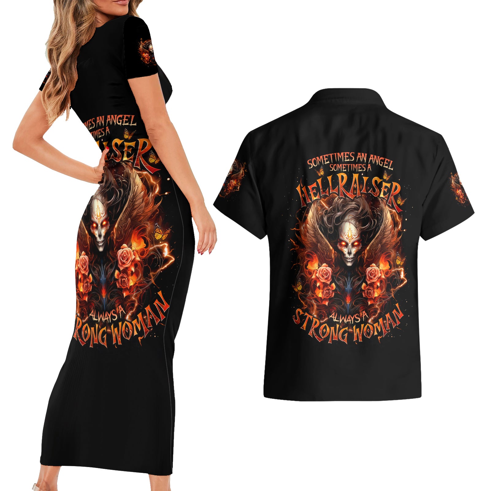 Angel Skull Couples Matching Short Sleeve Bodycon Dress and Hawaiian Shirt Sometimes An Angel Sometimes A Hellrasier - Wonder Print Shop