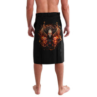 Black knee-length wrap skirt with fiery skull angel portrait print