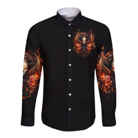 Black long-sleeve button shirt with front skull halo graphic and flame rose sleeves