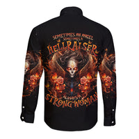 Black long-sleeve button shirt with back flame skull angel and rose graphics