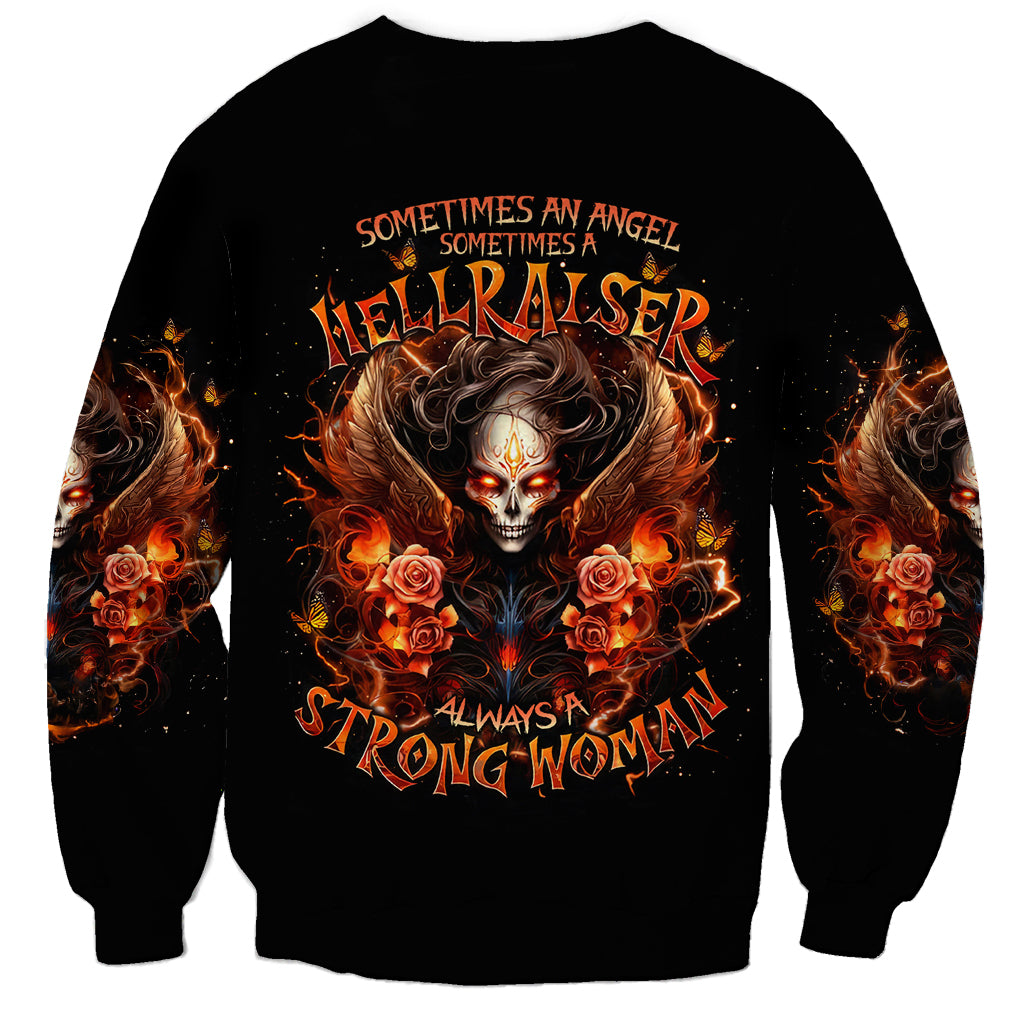 Black sweatshirt with angel skull graphic, flames and roses across the front