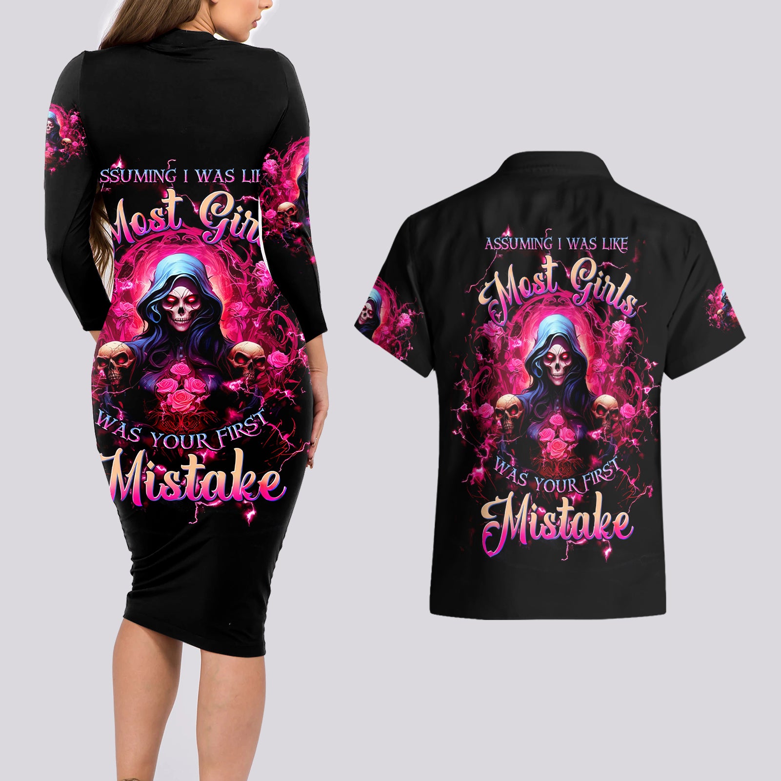 Rose Skull Couples Matching Long Sleeve Bodycon Dress and Hawaiian Shirt I Hold A Beast An Angel And A Crazy Lady In Me - Wonder Print Shop