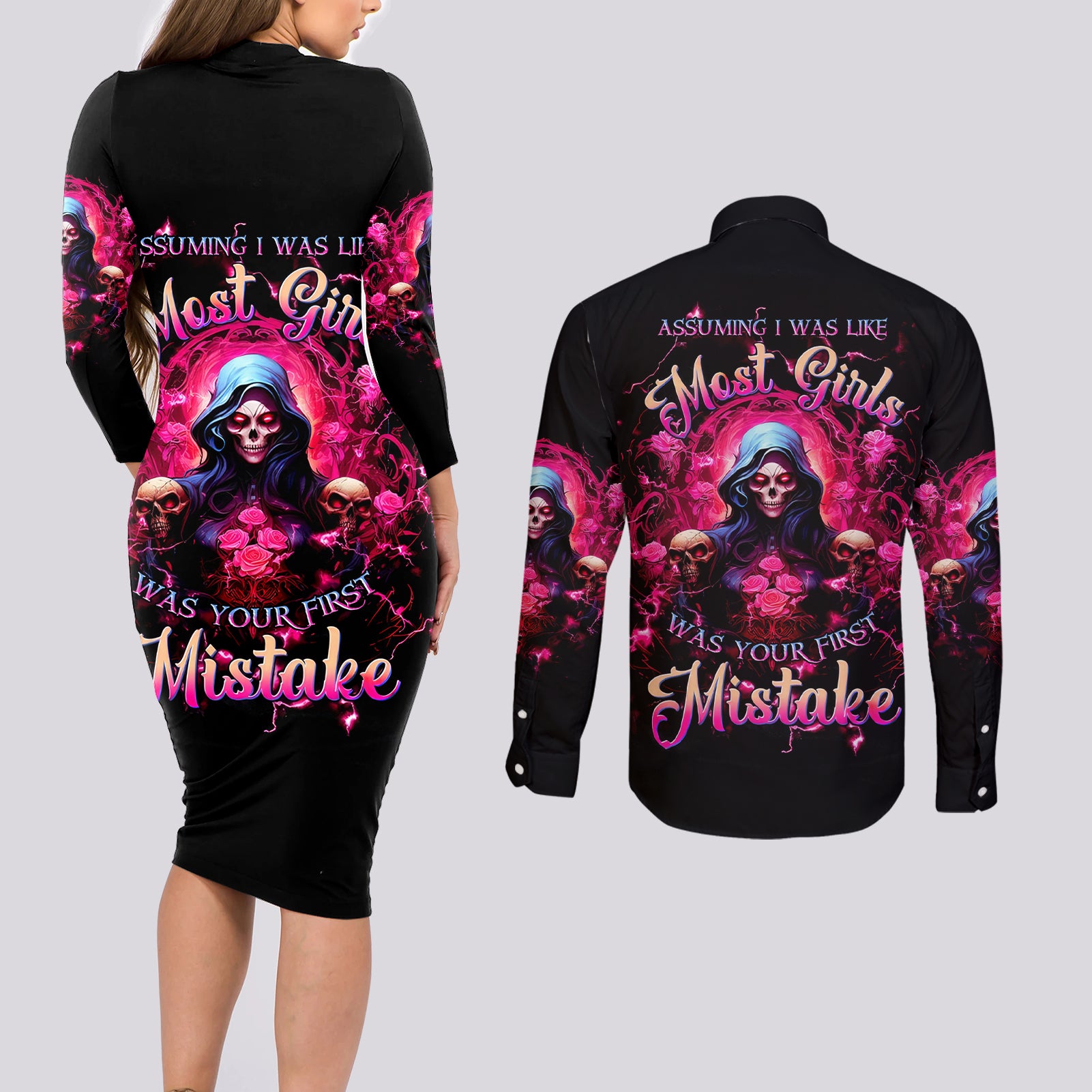 Rose Skull Couples Matching Long Sleeve Bodycon Dress and Long Sleeve Button Shirt I Hold A Beast An Angel And A Crazy Lady In Me - Wonder Print Shop