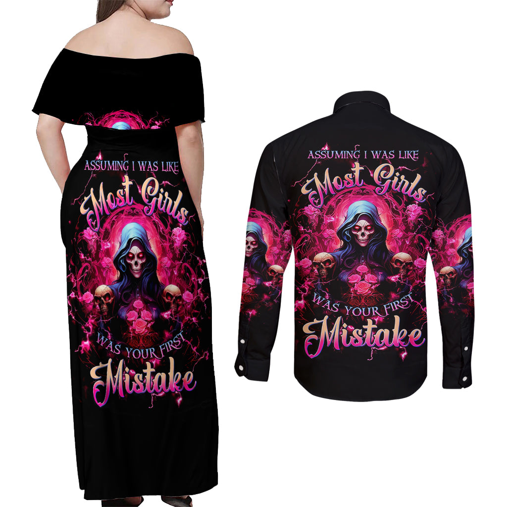 Rose Skull Couples Matching Off Shoulder Maxi Dress and Long Sleeve Button Shirt I Hold A Beast An Angel And A Crazy Lady In Me - Wonder Print Shop