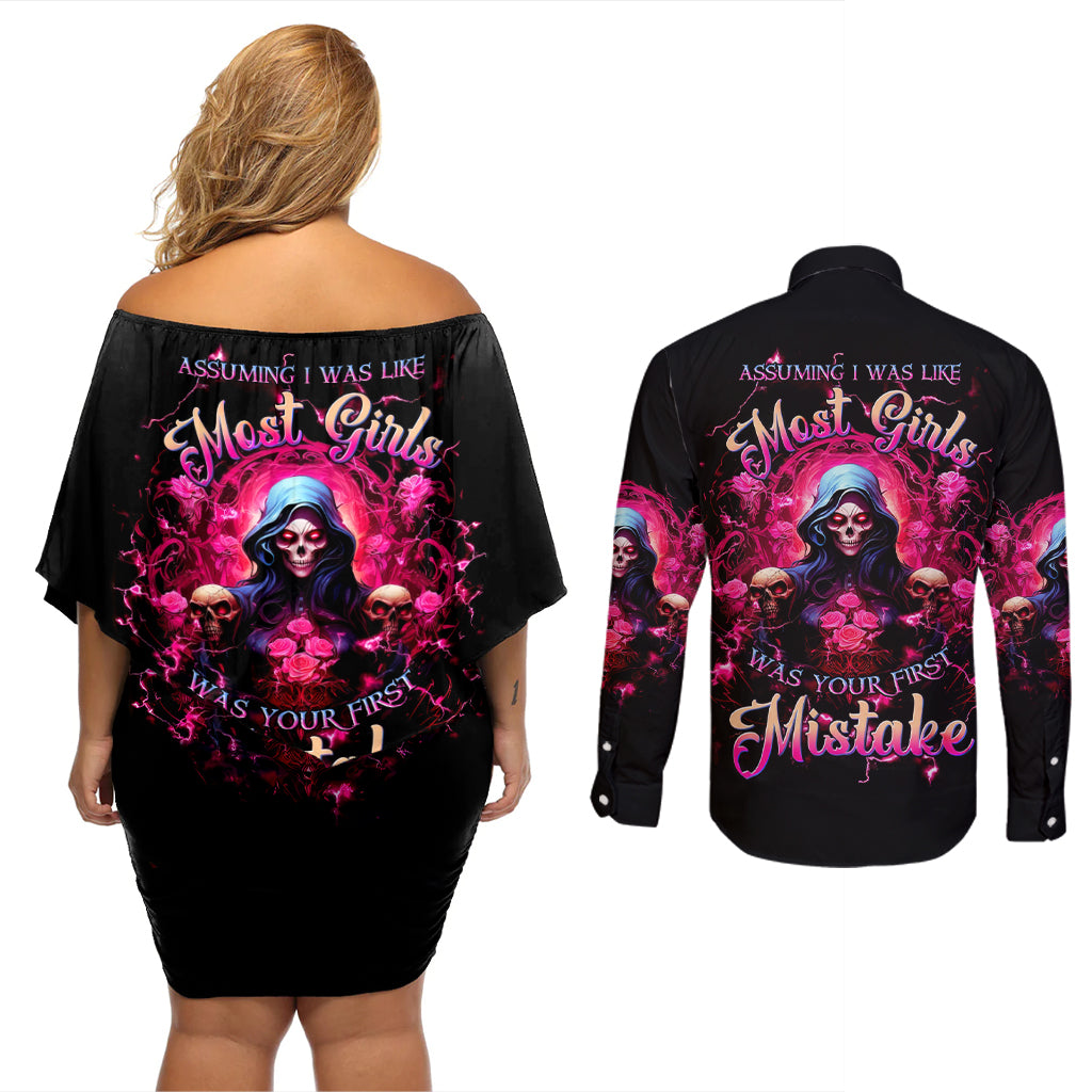 Rose Skull Couples Matching Off Shoulder Short Dress and Long Sleeve Button Shirt I Hold A Beast An Angel And A Crazy Lady In Me - Wonder Print Shop