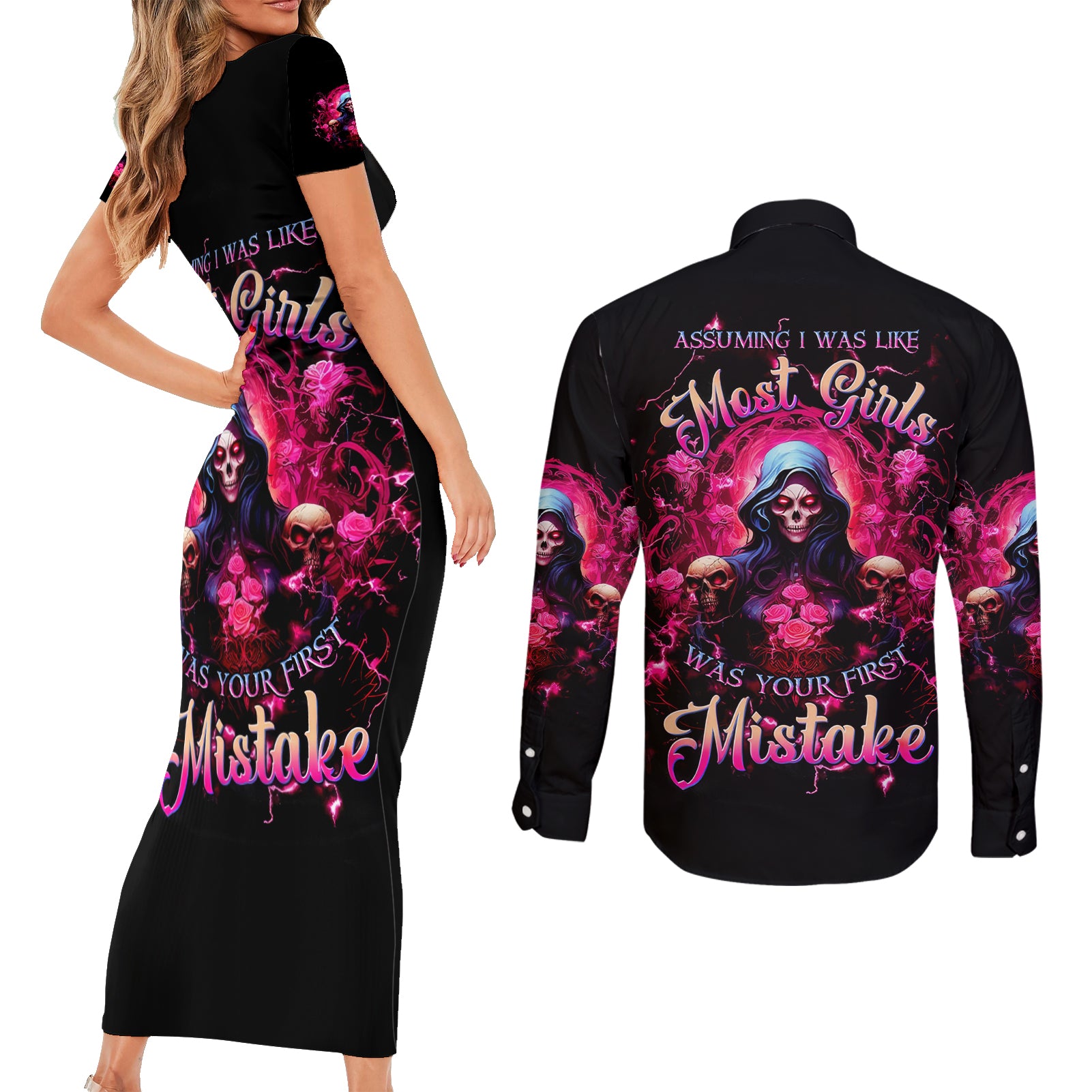 Rose Skull Couples Matching Short Sleeve Bodycon Dress and Long Sleeve Button Shirt I Hold A Beast An Angel And A Crazy Lady In Me - Wonder Print Shop