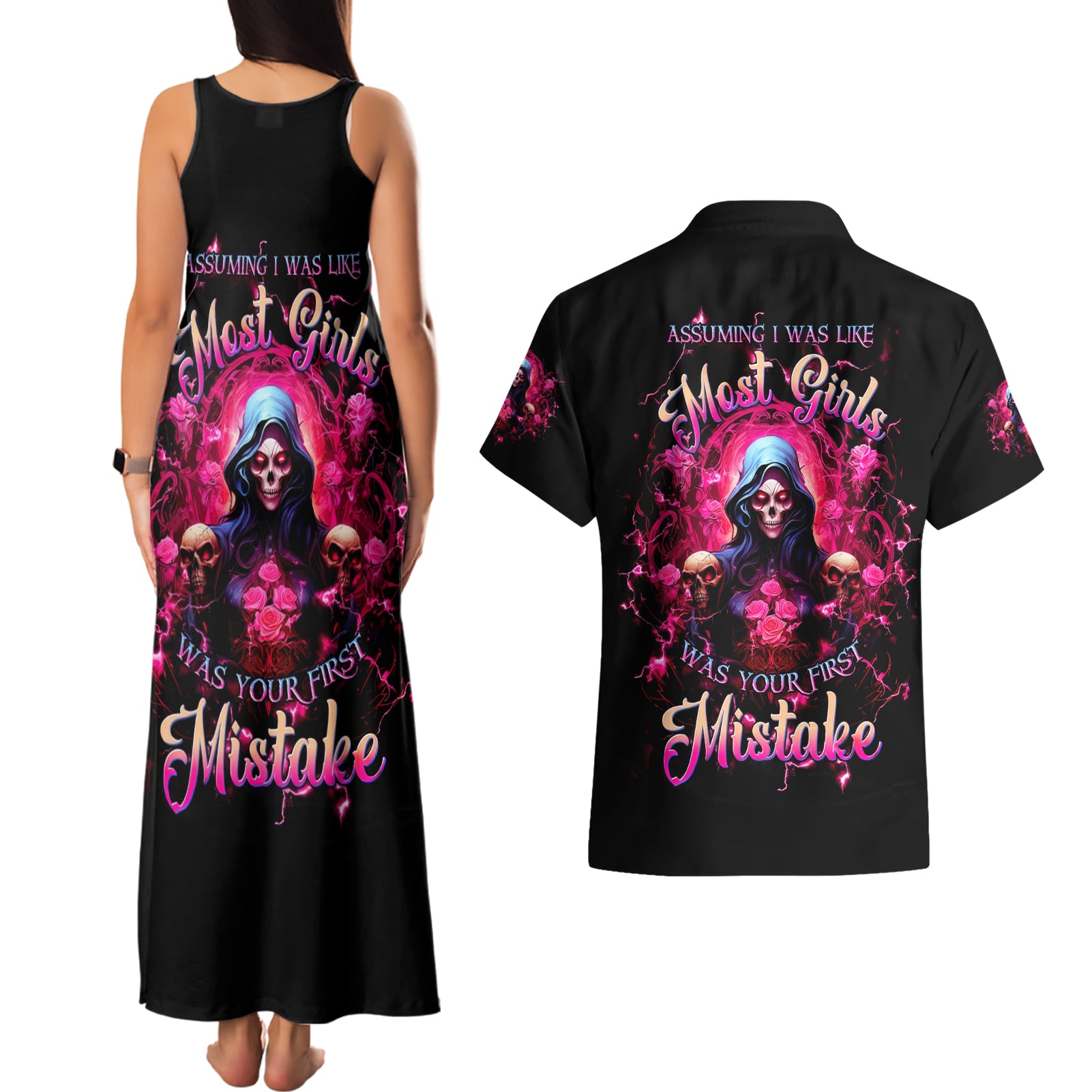 Rose Skull Couples Matching Tank Maxi Dress and Hawaiian Shirt I Hold A Beast An Angel And A Crazy Lady In Me - Wonder Print Shop