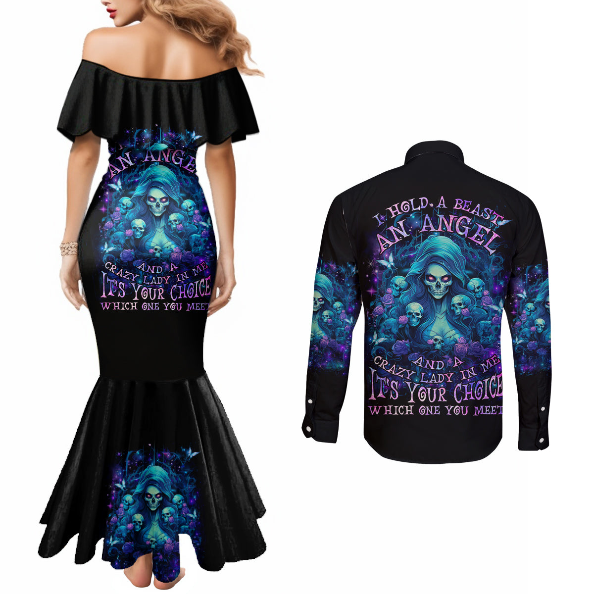 Flame Skull Couples Matching Mermaid Dress and Long Sleeve Button Shirt If You Kick Me When I'm Down You Better Pray I Don't Get Up