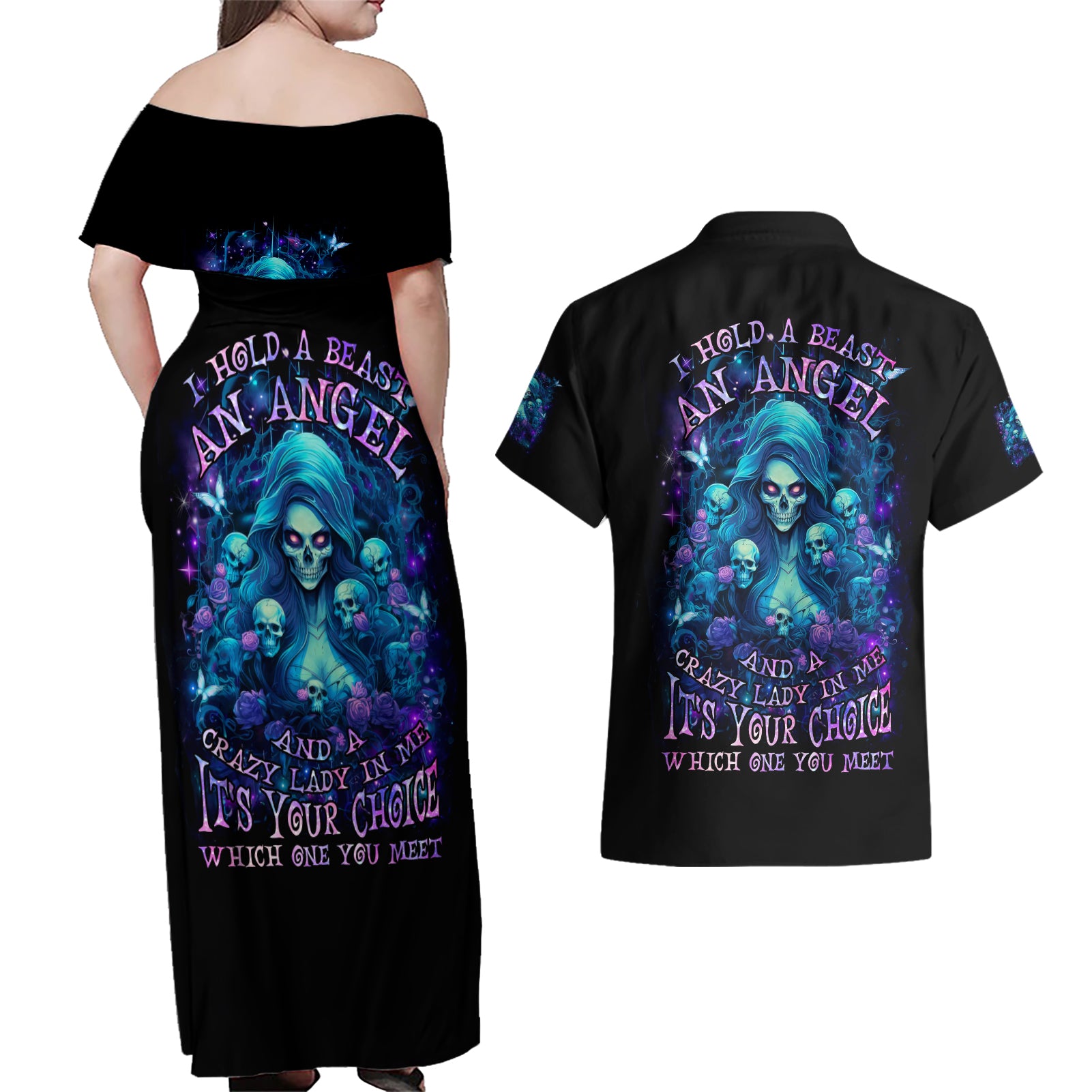 Flame Skull Couples Matching Off Shoulder Maxi Dress and Hawaiian Shirt If You Kick Me When I'm Down You Better Pray I Don't Get Up - Wonder Print Shop