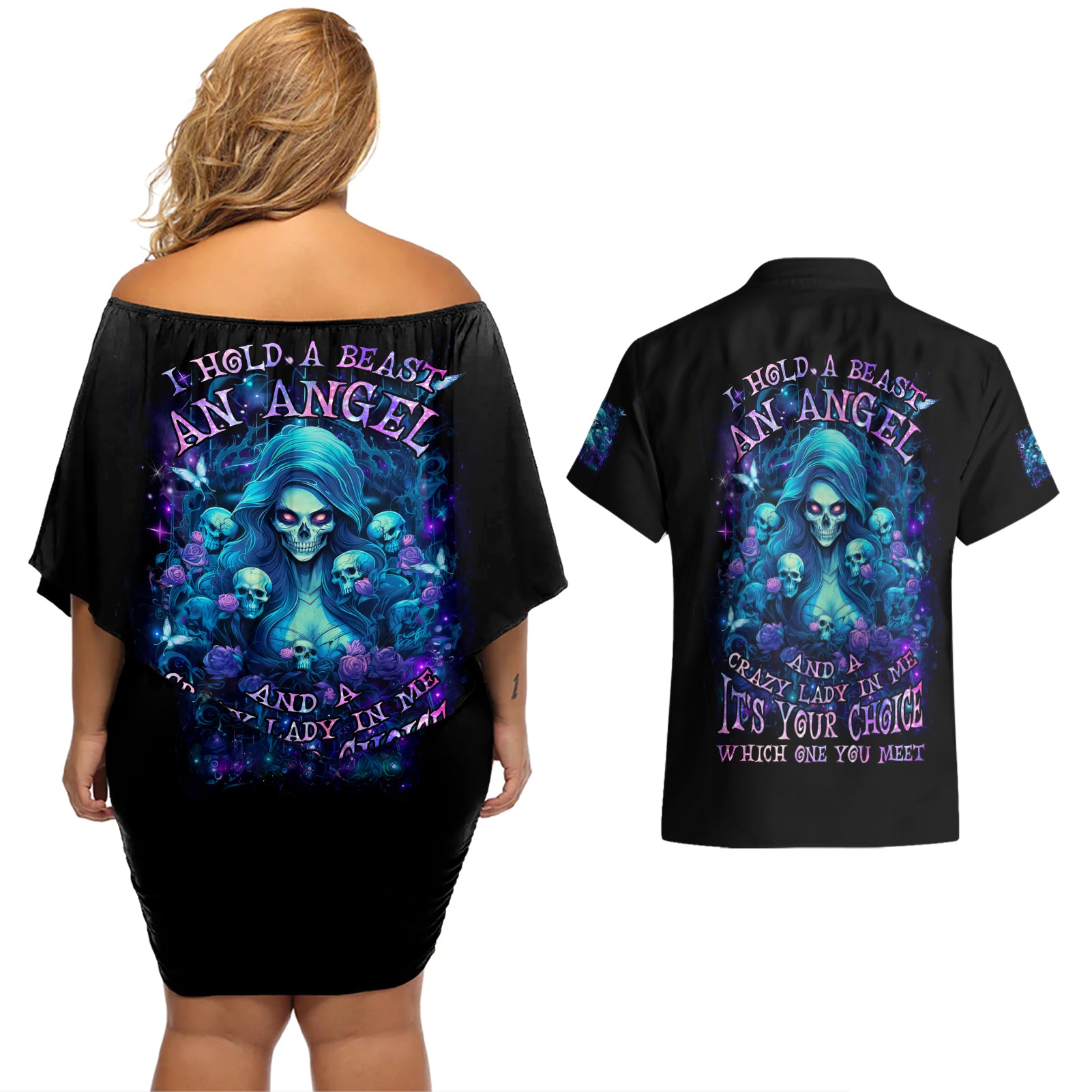 Flame Skull Couples Matching Off Shoulder Short Dress and Hawaiian Shirt If You Kick Me When I'm Down You Better Pray I Don't Get Up - Wonder Print Shop