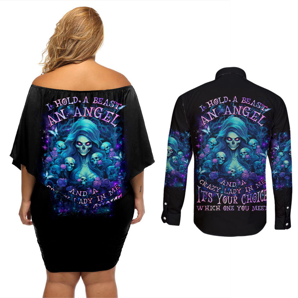 Flame Skull Couples Matching Off Shoulder Short Dress and Long Sleeve Button Shirt If You Kick Me When I'm Down You Better Pray I Don't Get Up - Wonder Print Shop