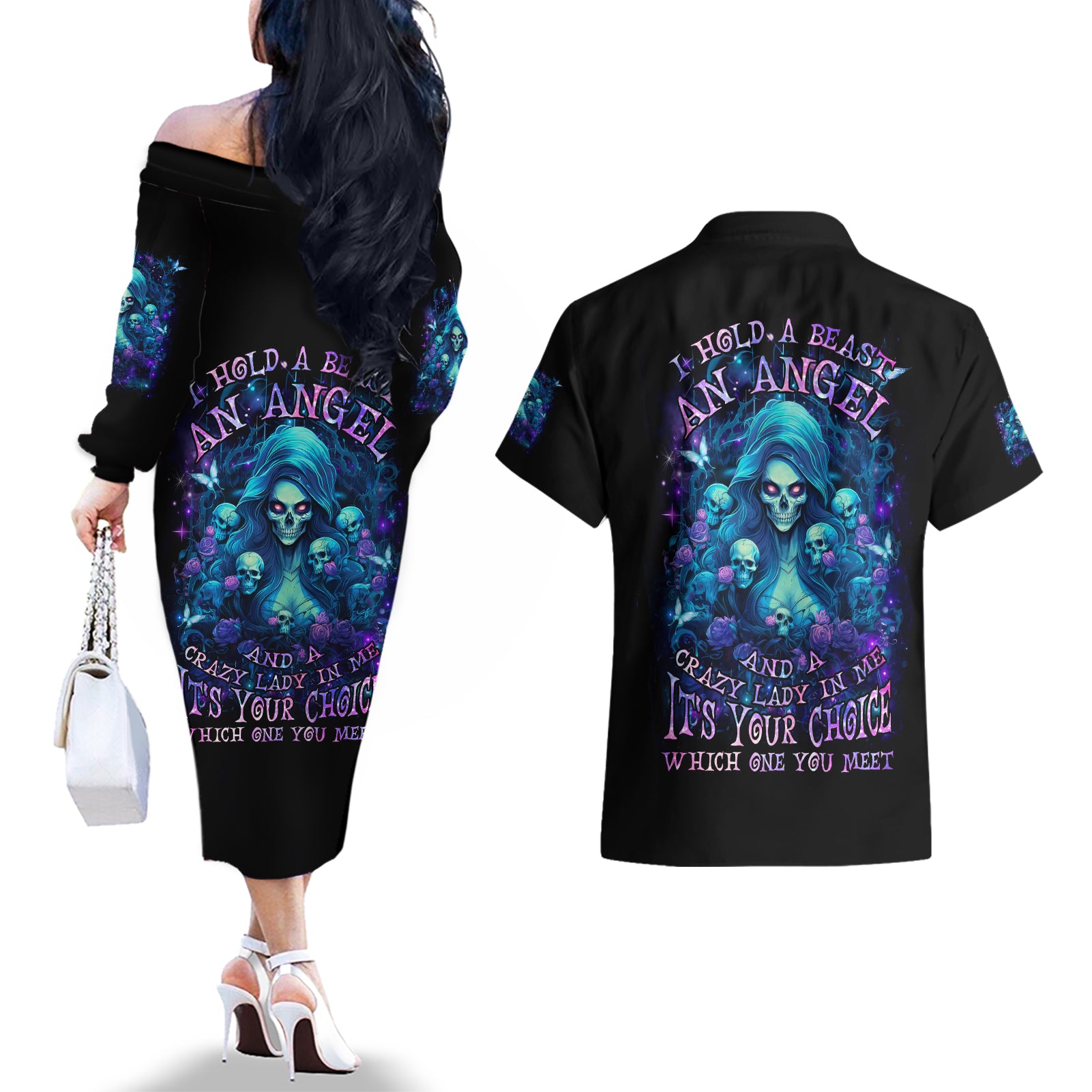 Flame Skull Couples Matching Off The Shoulder Long Sleeve Dress and Hawaiian Shirt If You Kick Me When I'm Down You Better Pray I Don't Get Up - Wonder Print Shop