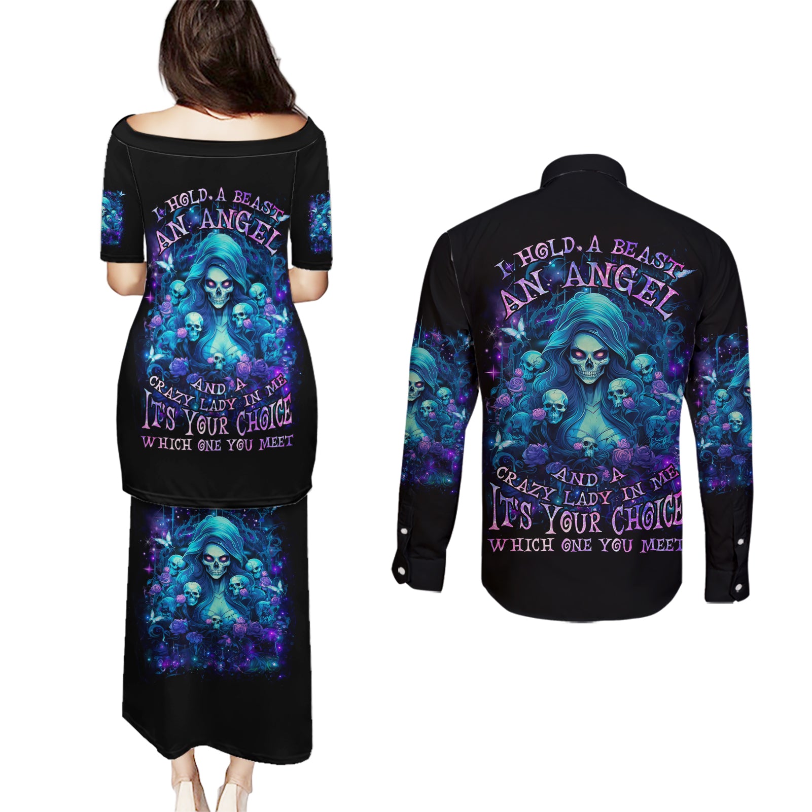 Flame Skull Couples Matching Puletasi and Long Sleeve Button Shirt If You Kick Me When I'm Down You Better Pray I Don't Get Up - Wonder Print Shop