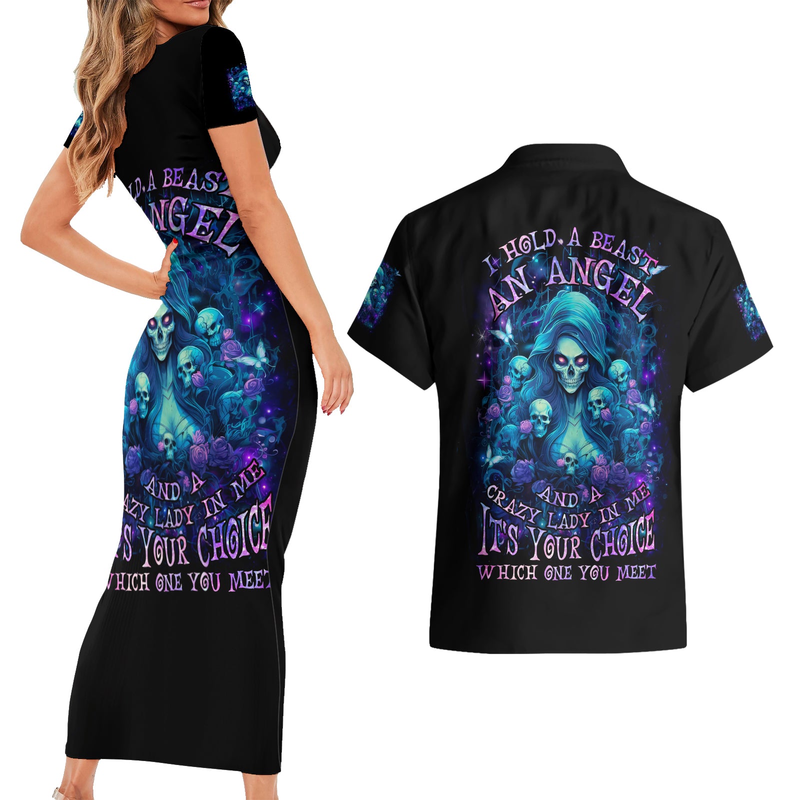 Flame Skull Couples Matching Short Sleeve Bodycon Dress and Hawaiian Shirt If You Kick Me When I'm Down You Better Pray I Don't Get Up - Wonder Print Shop