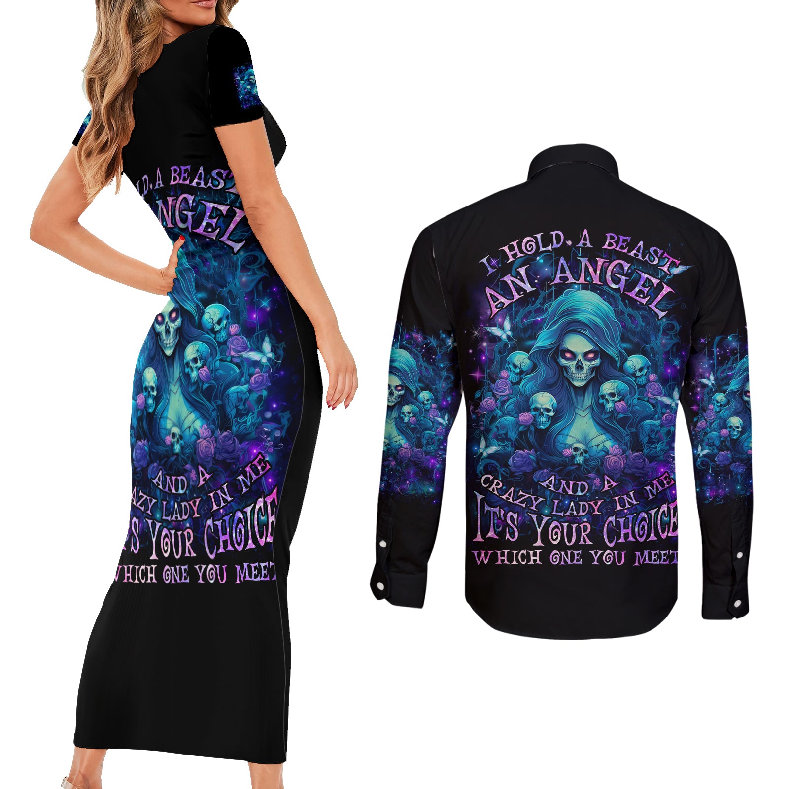 Flame Skull Couples Matching Short Sleeve Bodycon Dress and Long Sleeve Button Shirt If You Kick Me When I'm Down You Better Pray I Don't Get Up - Wonder Print Shop