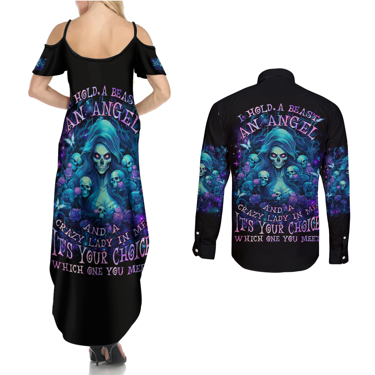 Flame Skull Couples Matching Summer Maxi Dress and Long Sleeve Button Shirt If You Kick Me When I'm Down You Better Pray I Don't Get Up - Wonder Print Shop