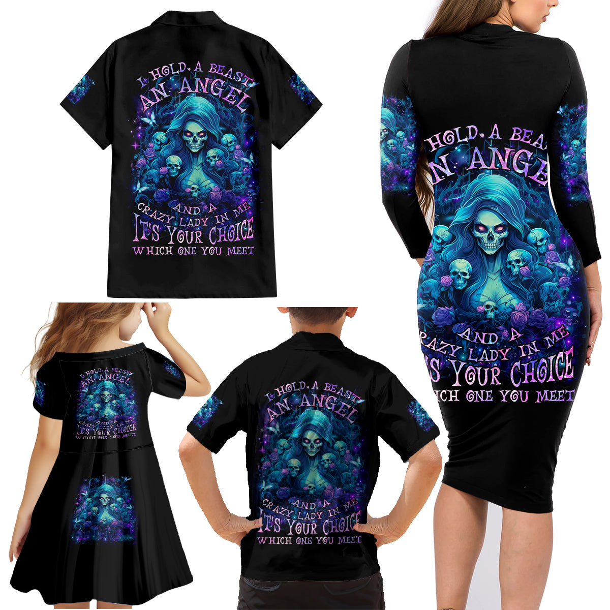 Flame Skull Family Matching Long Sleeve Bodycon Dress and Hawaiian Shirt If You Kick Me When I'm Down You Better Pray I Don't Get Up - Wonder Print Shop